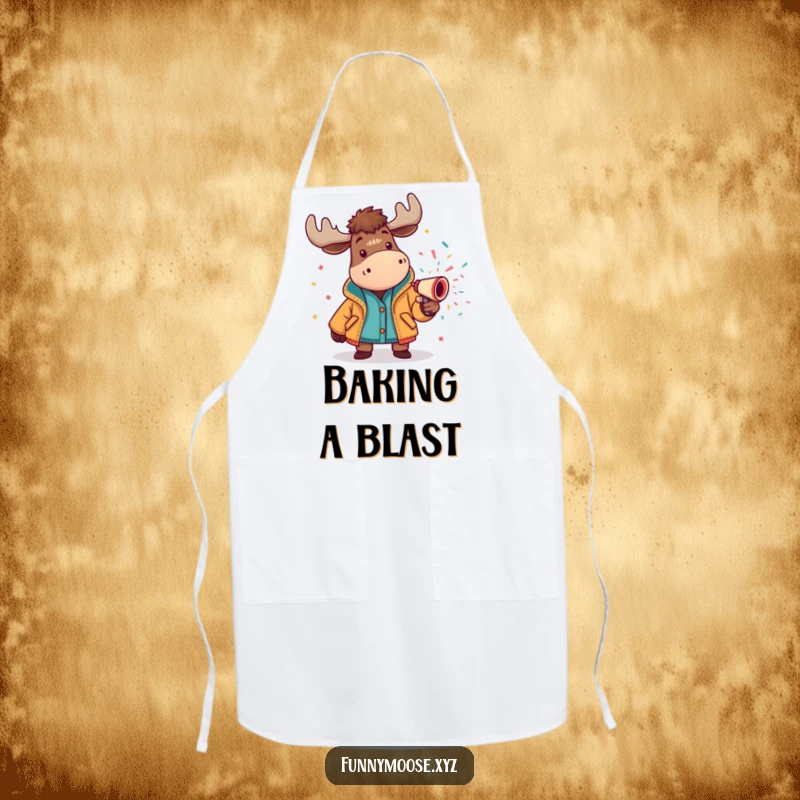 Funny moose apron in a bright jacket spraying a confetti cannon, great for humorous and festive cooking activities.