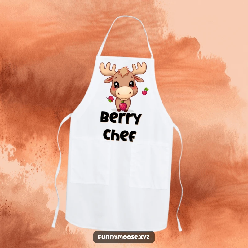 Funny apron illustrating a playful moose with bright eyes, concentrating on balancing a berry on its nose.