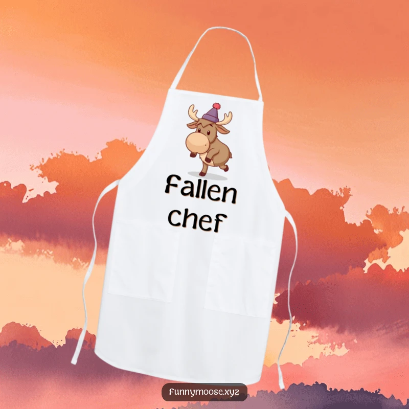 Funny apron illustrating a silly moose in a tiny hat, comically tripping over its own feet.