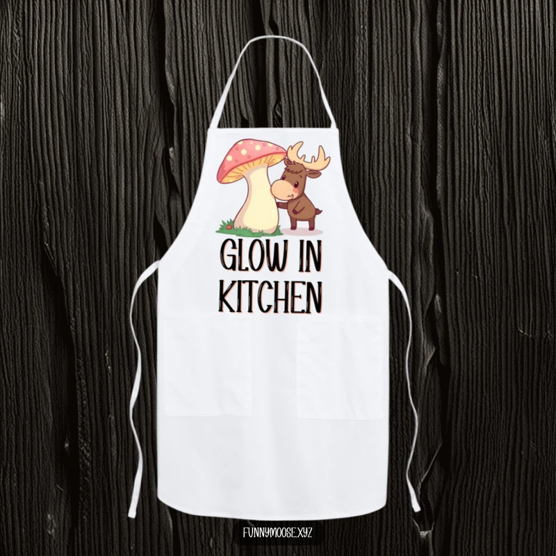 Funny apron featuring a curious moose excitedly nudging a glowing mushroom, ideal for enchanted kitchen adventures.