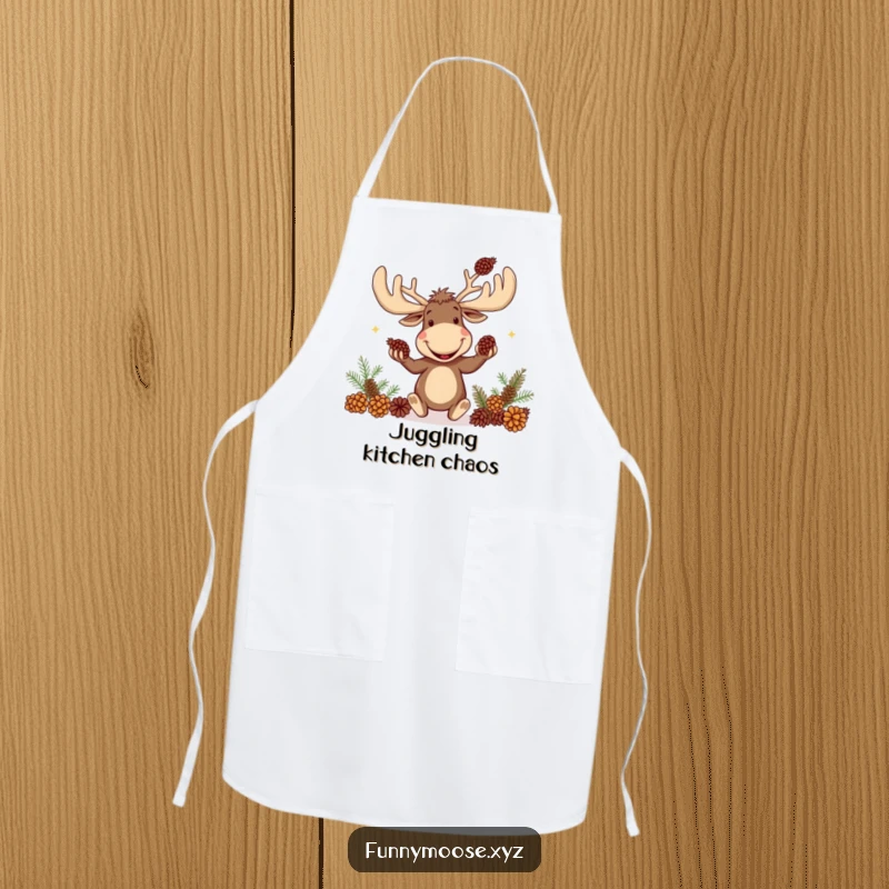 Funny apron illustrating a goofy moose with oversized antlers actively juggling pinecones.