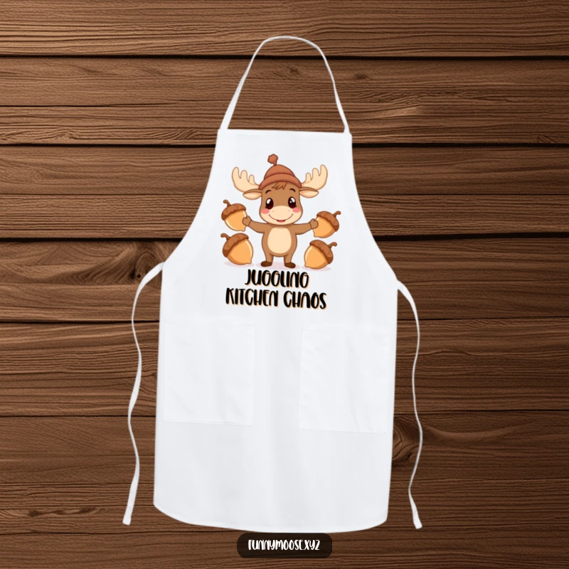 Funny Moose Apron with a hat attempting to juggle acorns, humorous kitchen wear for cooks.