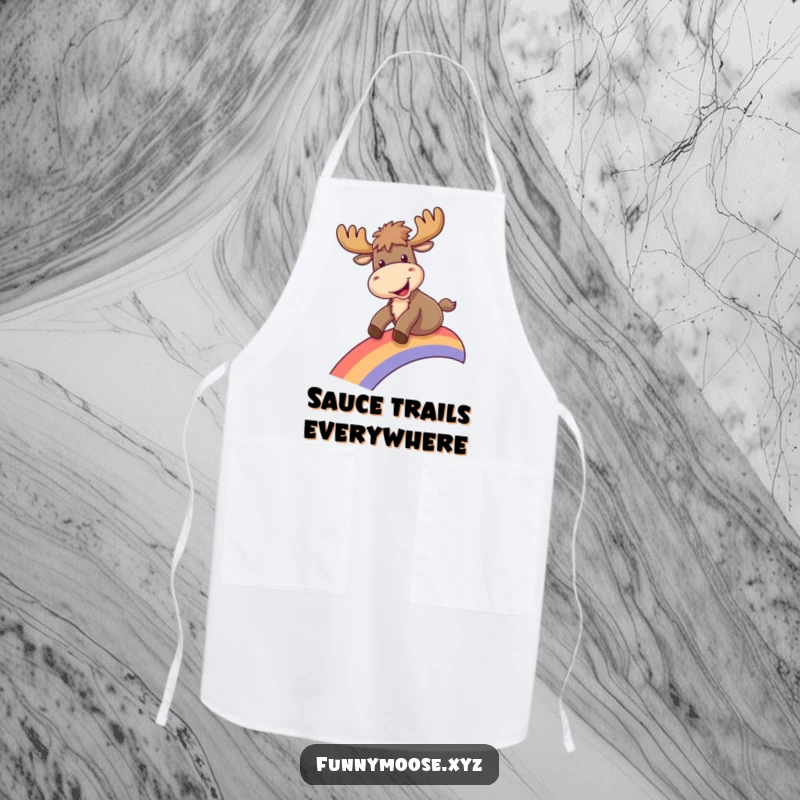 Funny apron depicting a moose joyfully sliding down a rainbow, perfect for kitchen fun and culinary adventures.