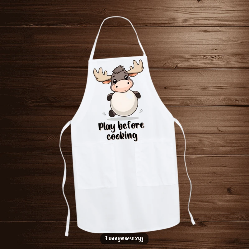 Funny apron depicting an energetic moose with bright eyes, playfully bouncing a large ball, perfect for a fun kitchen.