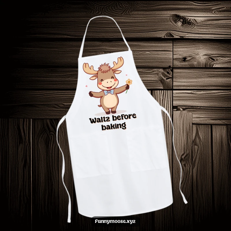 Funny apron showing a giggling moose with a tiny bowtie, enthusiastically dancing with a flower, ready for kitchen fun.