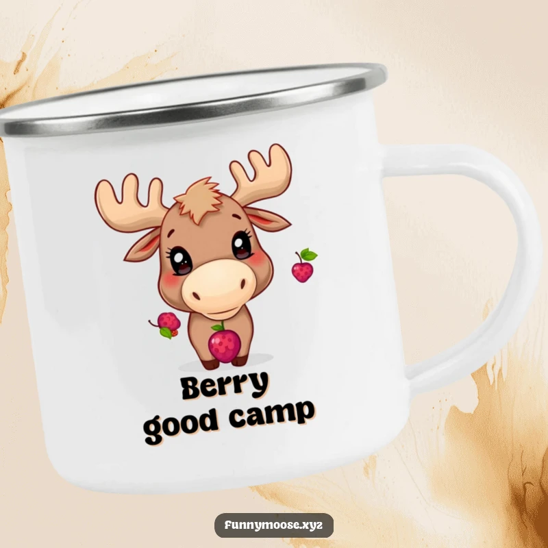 Funny enamel camping mug of a playful moose balancing a berry on its nose.