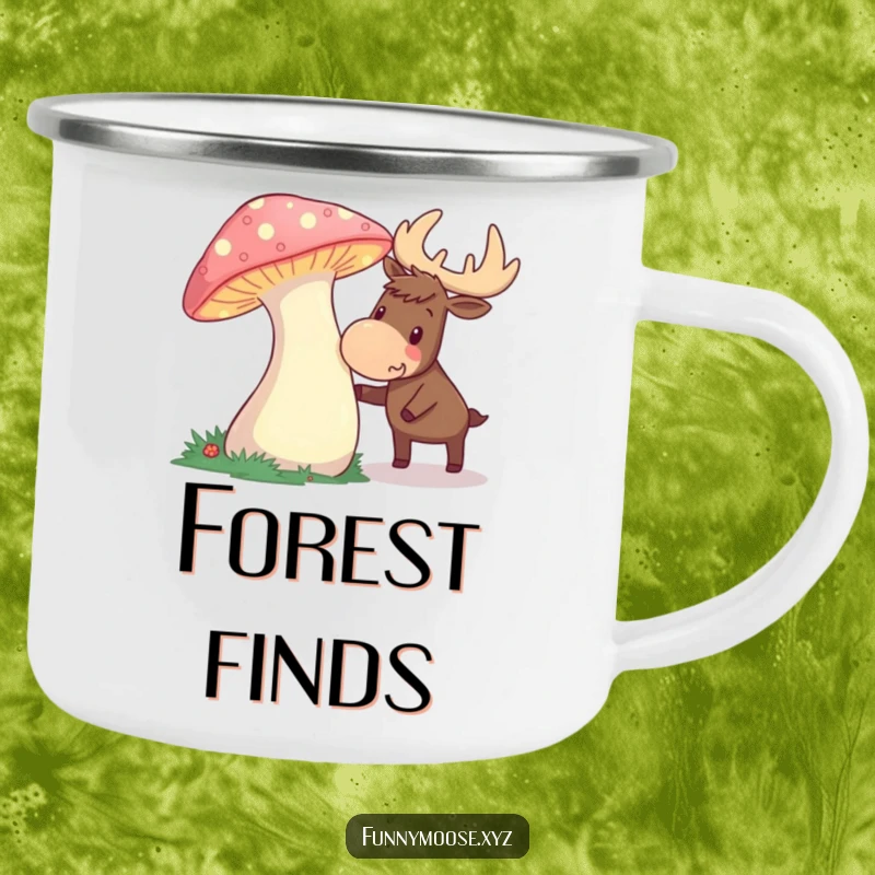 Funny camping mug featuring a curious moose nudging a glowing mushroom, durable and magical for outdoor adventures.