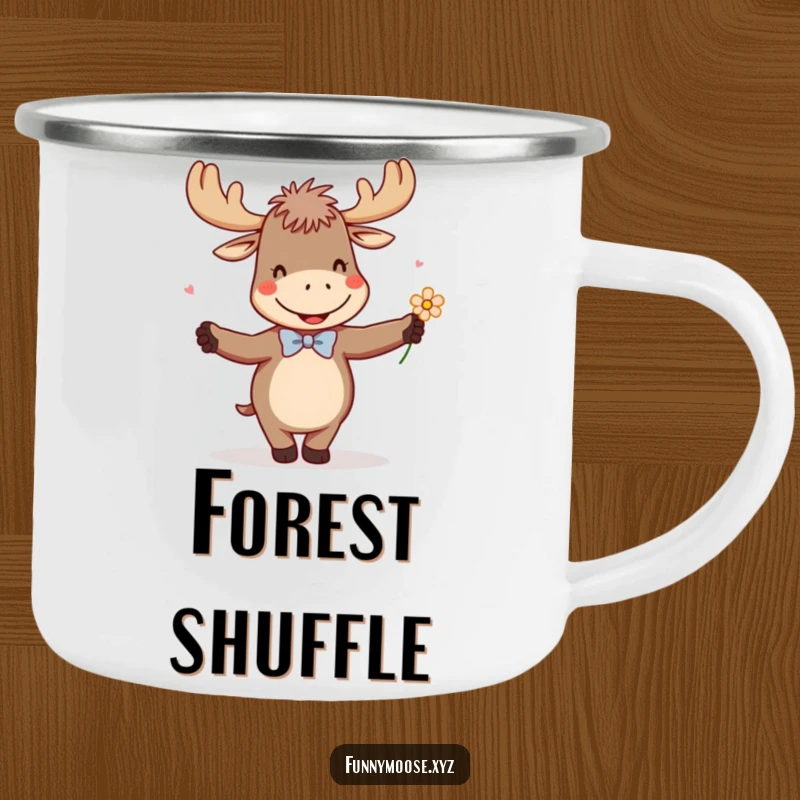 Funny camping mug showing a giggling moose with a tiny bowtie, enthusiastically dancing with a flower, for outdoor merriment.
