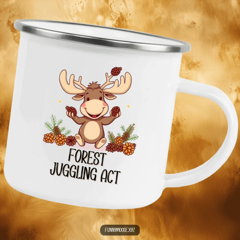 Funny enamel camping mug of a goofy moose with huge antlers juggling pinecones.