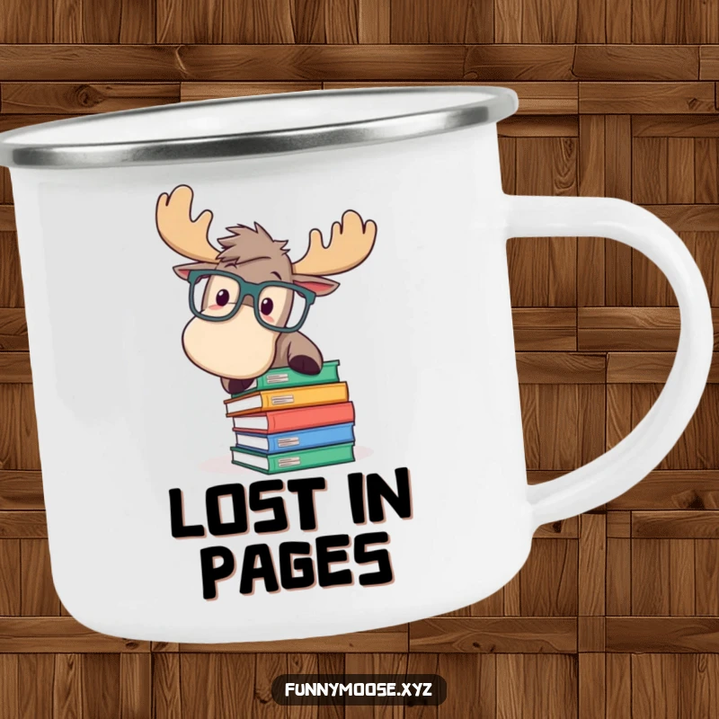 Funny camping mug featuring a playful moose in oversized glasses, comically tripping over books, perfect for enjoying drinks outdoors with humor.
