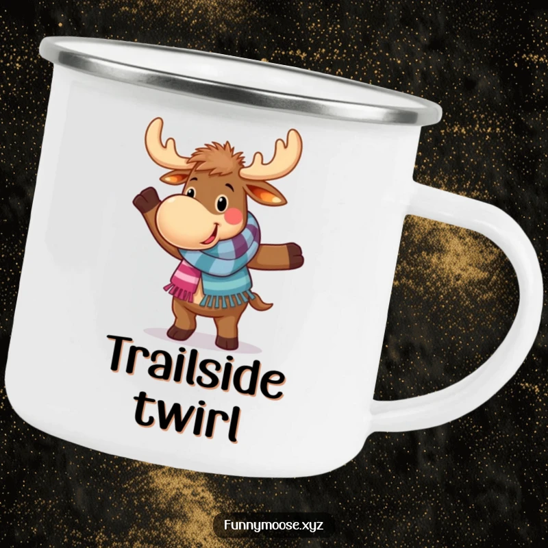 Funny camping mug with a happy moose in a colorful scarf, doing a funny, clumsy dance move, ready for outdoor adventures.