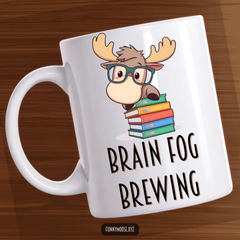 Funny mug featuring a playful moose in oversized glasses, comically tripping over a stack of books, embodying relatable academic chaos.