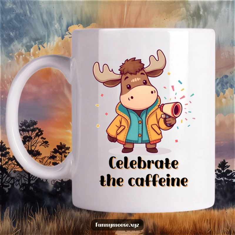 Funny cheerful moose mug in a bright jacket spraying a confetti cannon, symbolizing celebration and happy moments.