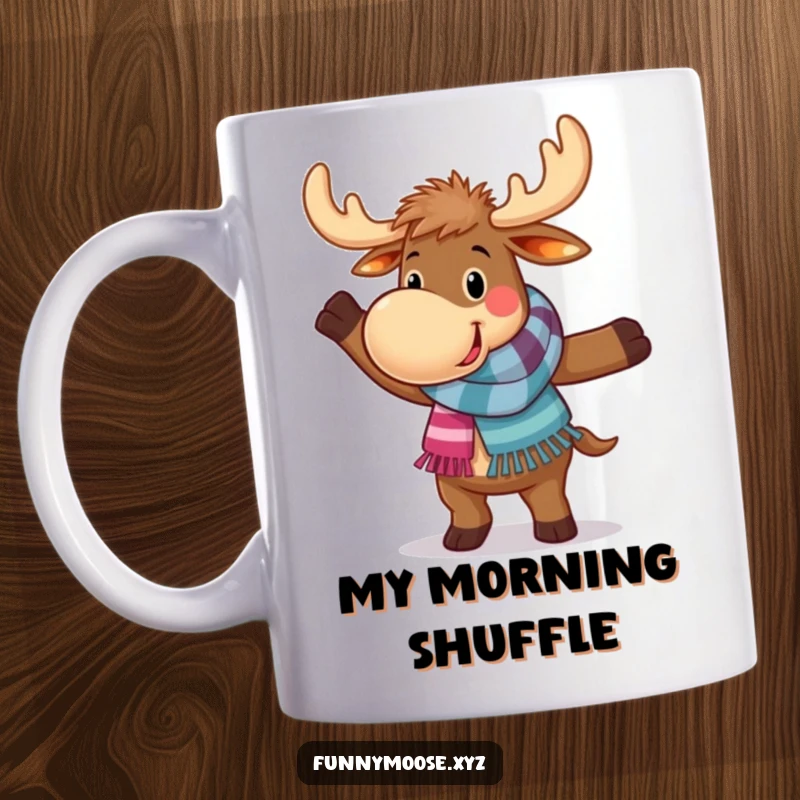 Funny dancing moose mug featuring a happy moose in a vibrant scarf, attempting a comical, clumsy dance move with pure delight.