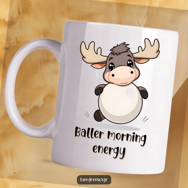 Funny mug featuring an energetic moose with bright eyes, playfully bouncing a large ball, radiating pure joy and activity.