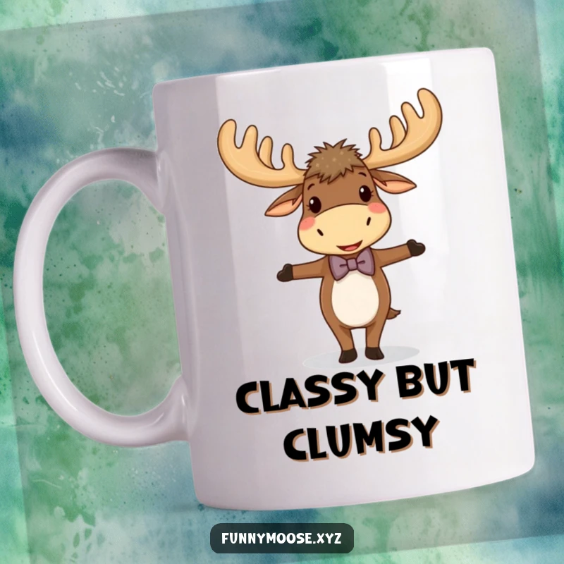 Funny mug showcasing a giggling moose with large antlers, dressed in a tiny bowtie and precariously balancing on one hoof.