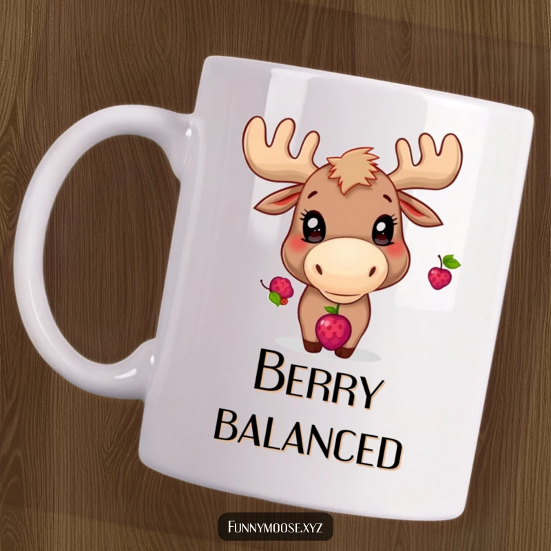 Funny mug showing a playful moose with bright eyes, carefully balancing a single berry on its nose.