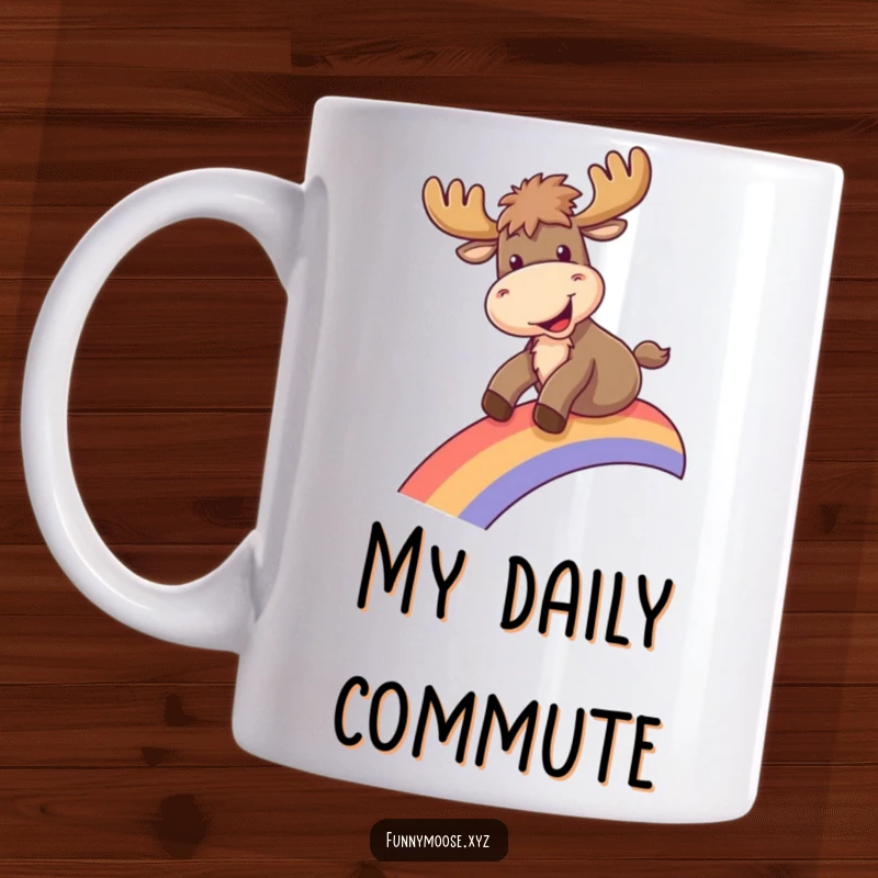 Funny mug featuring a joyful moose gleefully sliding down a vibrant rainbow, embodying pure, unadulterated delight and playful mischief.