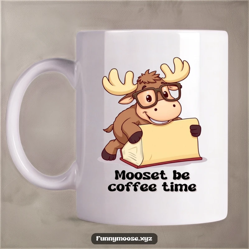 Funny Moose Mug, a happy moose in oversized glasses tripping over a book, a humorous gift for readers.