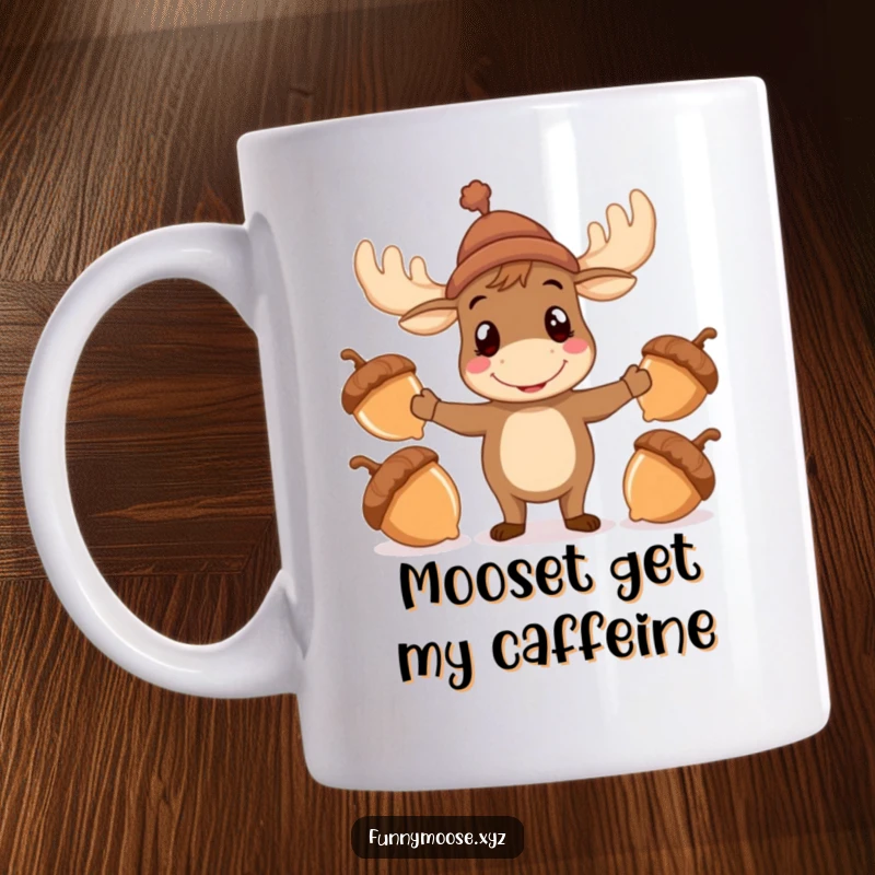 Funny Moose Juggling Mug, a cheerful moose in a hat attempting to juggle acorns, a humorous gift for nature lovers.