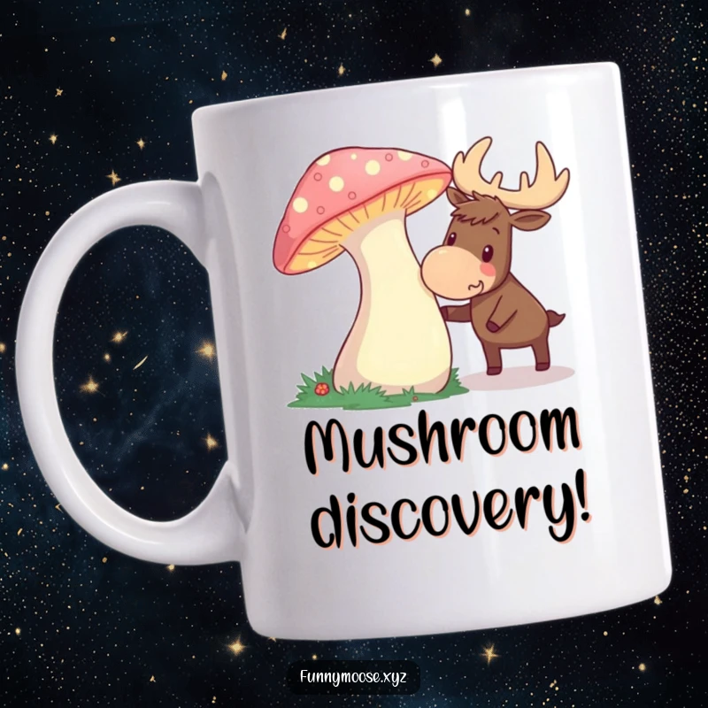 Funny mug featuring a curious moose excitedly nudging a large, glowing mushroom with its nose, radiating thrilled discovery.