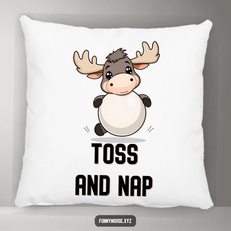Funny pillow with an energetic moose, bright eyes, playfully bouncing a large ball, offering comfort and amusement.