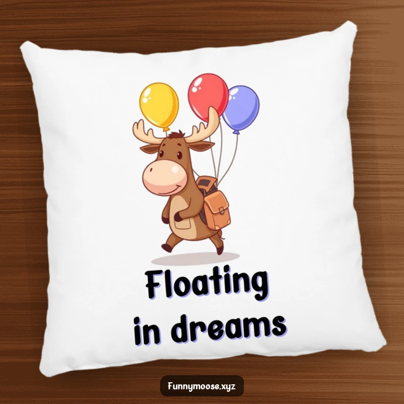 Funny moose pillow with a small backpack juggling colorful balloons, perfect for cozy and whimsical home accents.