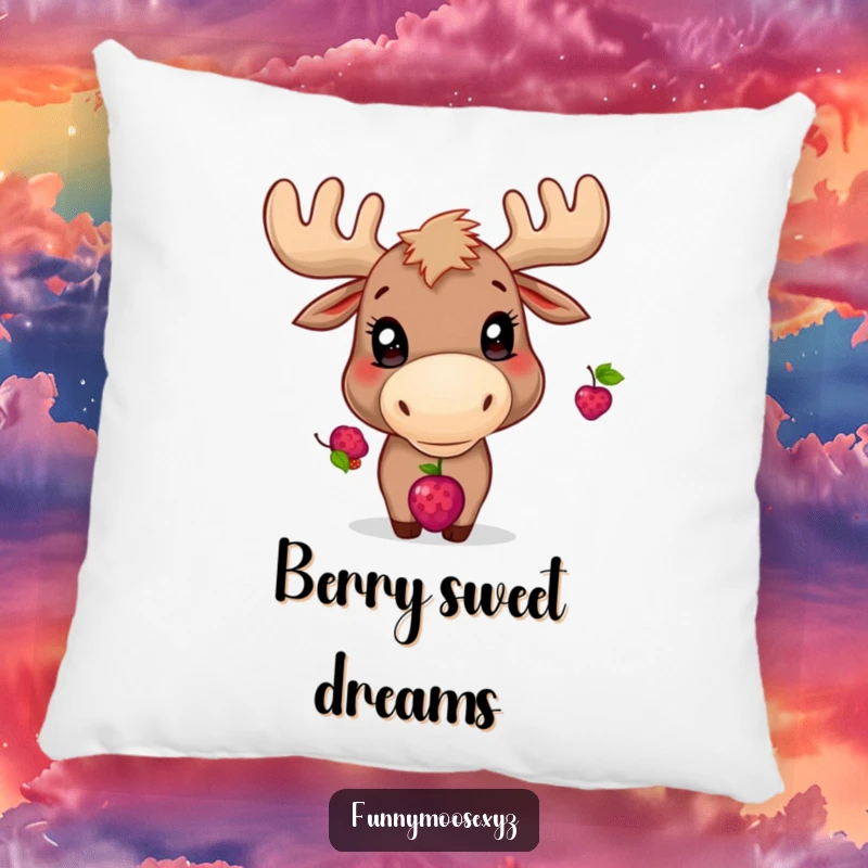Funny pillow with a playful moose character, bright eyes focused on balancing a berry on its nose.