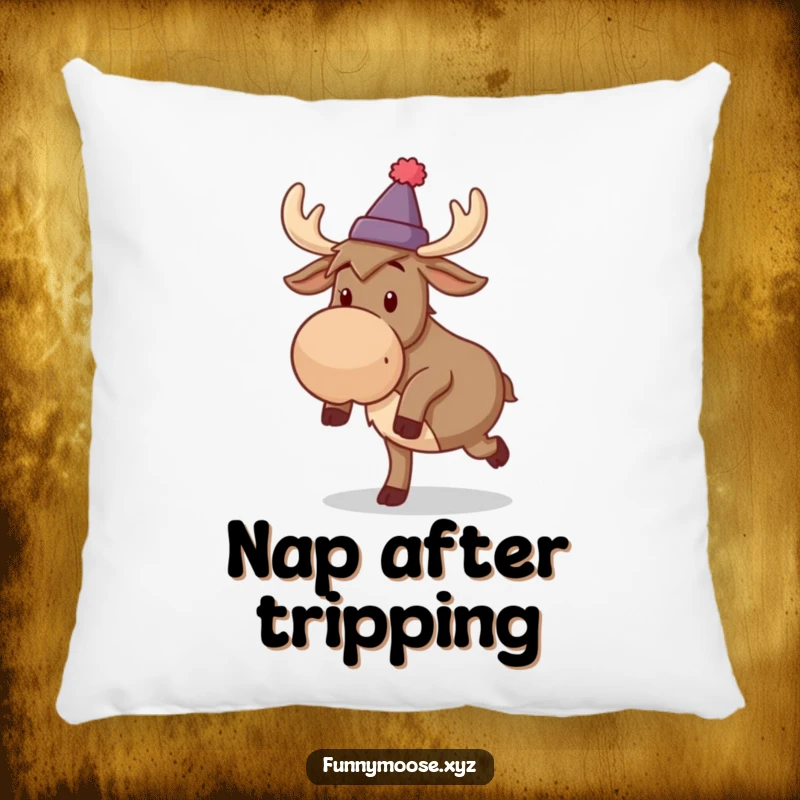 Funny pillow with a silly moose wearing a tiny hat, comically tripping over its feet.