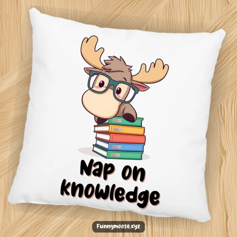 Funny pillow showcasing a playful moose in oversized glasses, comically tripping over books, providing cozy, humorous comfort for readers.