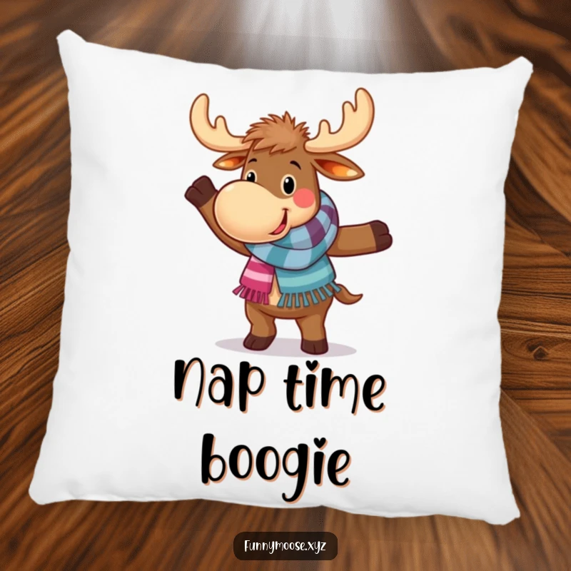 Funny decorative pillow featuring a happy moose wearing a colorful scarf, engaged in a funny, clumsy dance move, perfect for sofas.