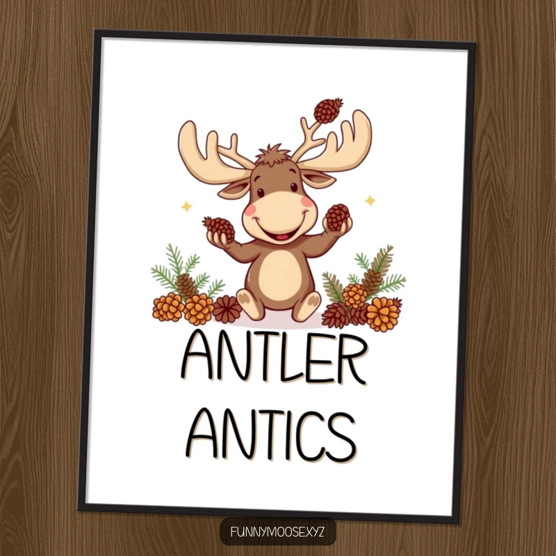 Funny digital art print of a goofy moose with enormous antlers gleefully juggling pinecones.