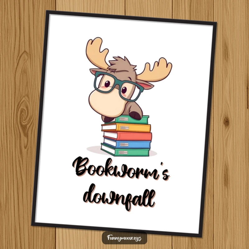 Funny digital art print of a playful moose in oversized glasses, comically tripping over books, ideal for adding humorous wall decor.