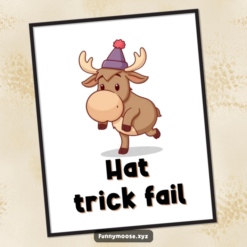 Funny digital art print of a silly moose wearing a small hat, comically tripping over its feet.