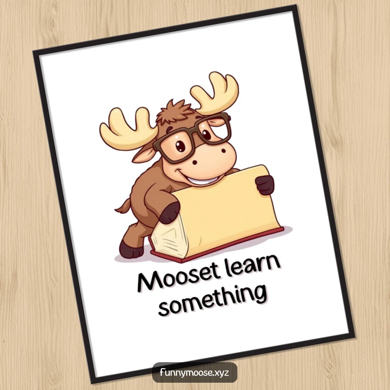 Funny Moose Digital Art Print with oversized glasses tripping over a book, printable humorous decor for reading nooks.