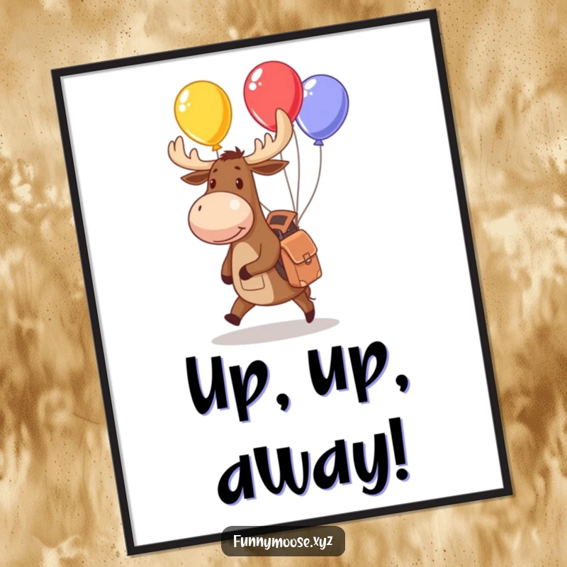 Funny moose digital art print with a small backpack juggling colorful balloons, ideal for printable playful wall decor.