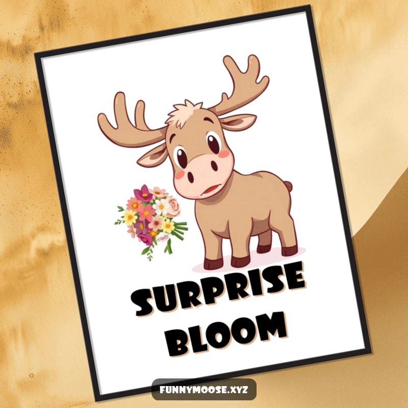 Funny digital art print of a startled moose with wide eyes, comically dropping a colorful bouquet of flowers, ideal for home decor.