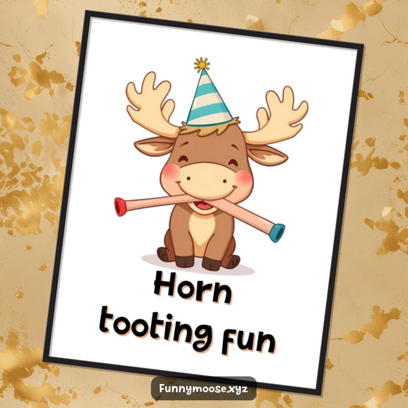 Funny digital art print of a happy cartoon moose wearing a party hat, joyfully blowing a kazoo, ideal for adding festive wall decor.