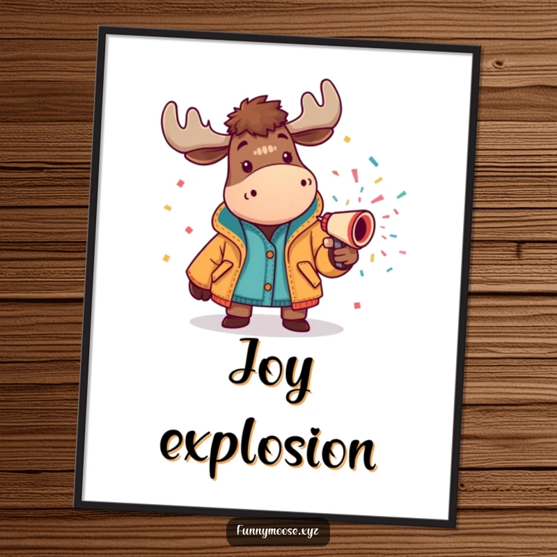 Funny moose digital art print in a bright jacket spraying a confetti cannon, ideal for printable festive wall decor.