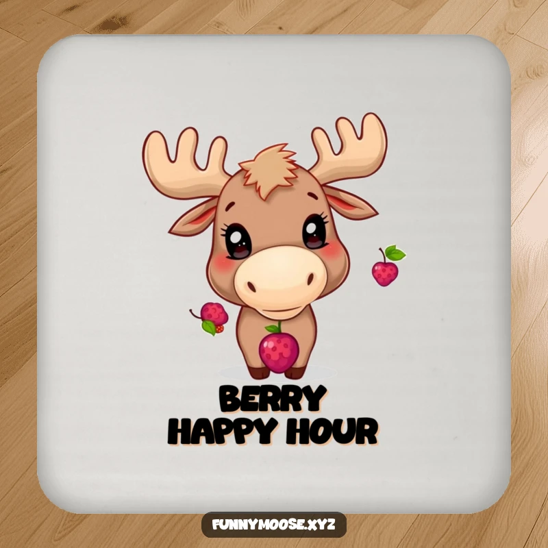 Funny coaster with a playful moose character, bright eyes focused on balancing a berry on its nose.