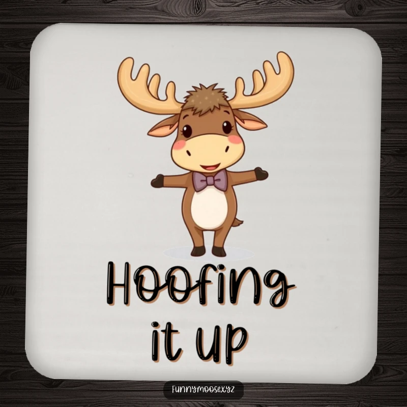 Funny drink coaster featuring a giggling moose with large antlers and a bowtie, balancing comically, adding humor to tables.