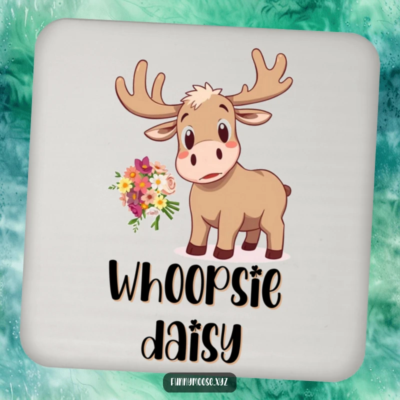 Funny drink coaster art of a startled moose with a shocked expression, comically dropping a bouquet of flowers, protecting furniture.