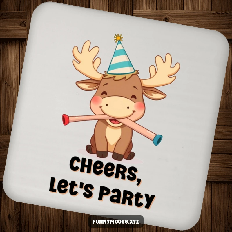 Funny drink coasters featuring a happy cartoon moose in a party hat, joyfully blowing a kazoo, adding festive, humorous protection to surfaces.