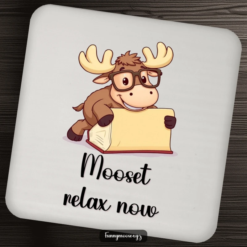 Funny Moose Coaster with oversized glasses tripping over a book, humorous table protection for home decor.