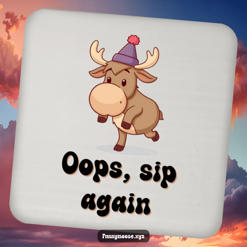 Funny coaster with a silly moose character, wearing a tiny hat and comically tripping.