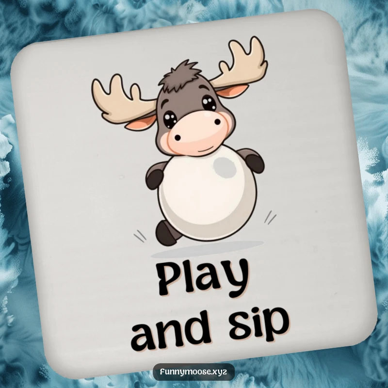 Funny coaster with an energetic moose, bright eyes, playfully bouncing a large ball, a fun addition to any table.