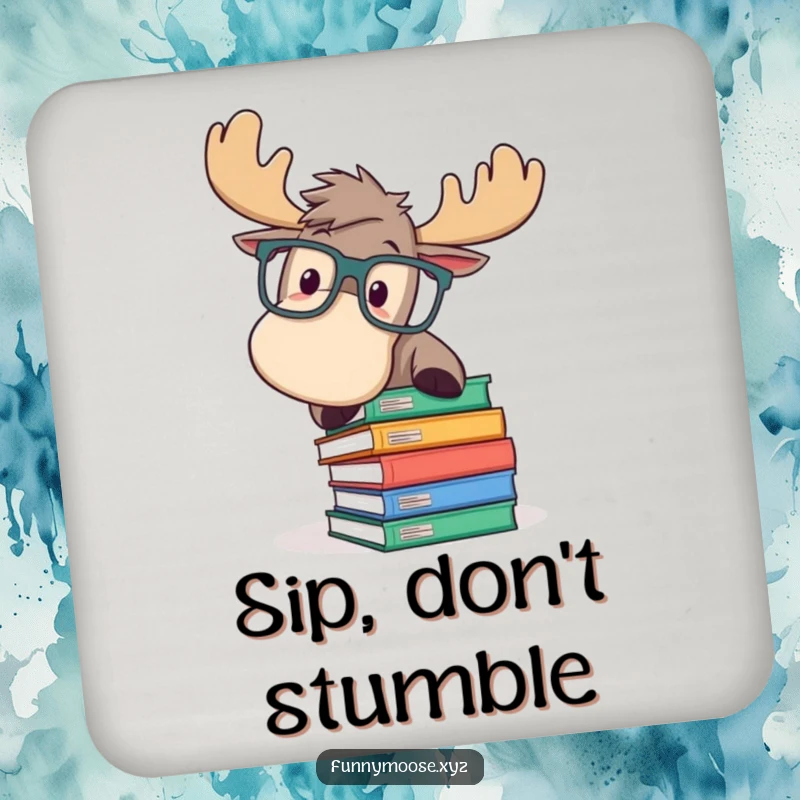 Funny drink coasters featuring a playful moose in oversized glasses, comically tripping over books, adding humorous protection to surfaces.