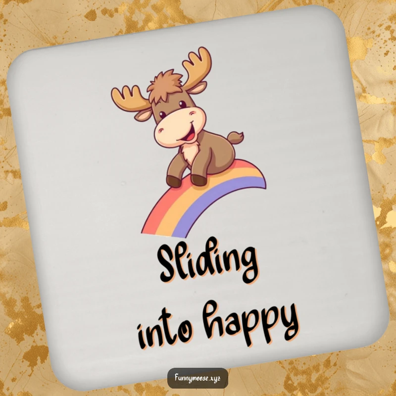 Funny drink coaster featuring a moose joyfully sliding down a rainbow, adding whimsical humor to your table.