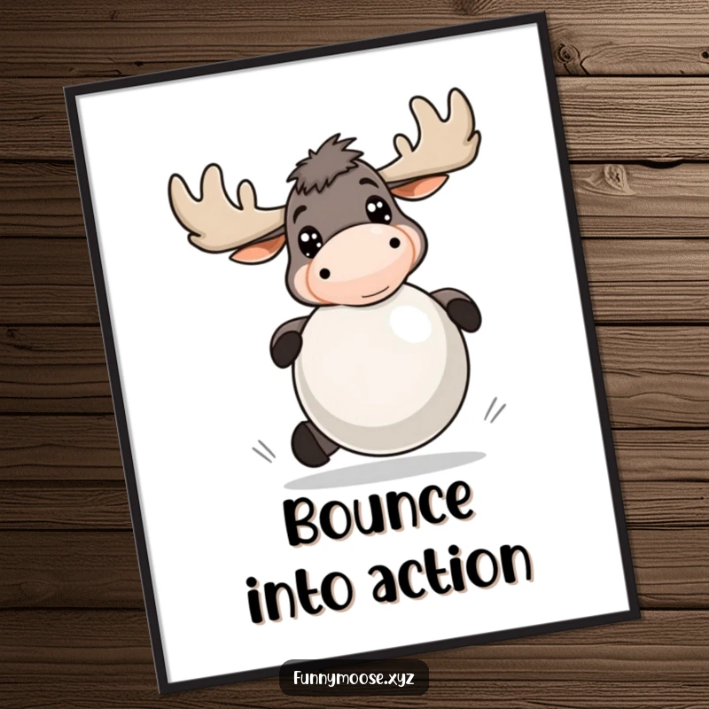Funny poster showcasing an energetic moose with bright eyes, playfully bouncing a large ball, symbolizing active fun and joy.
