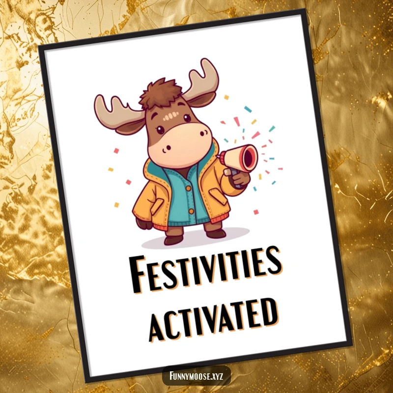 Funny moose poster in a bright jacket spraying a confetti cannon, ideal for vibrant and festive wall decor.